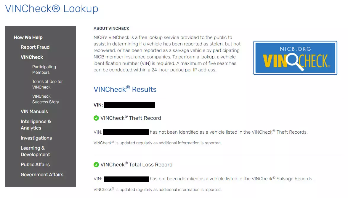 Result from VINCheck Search